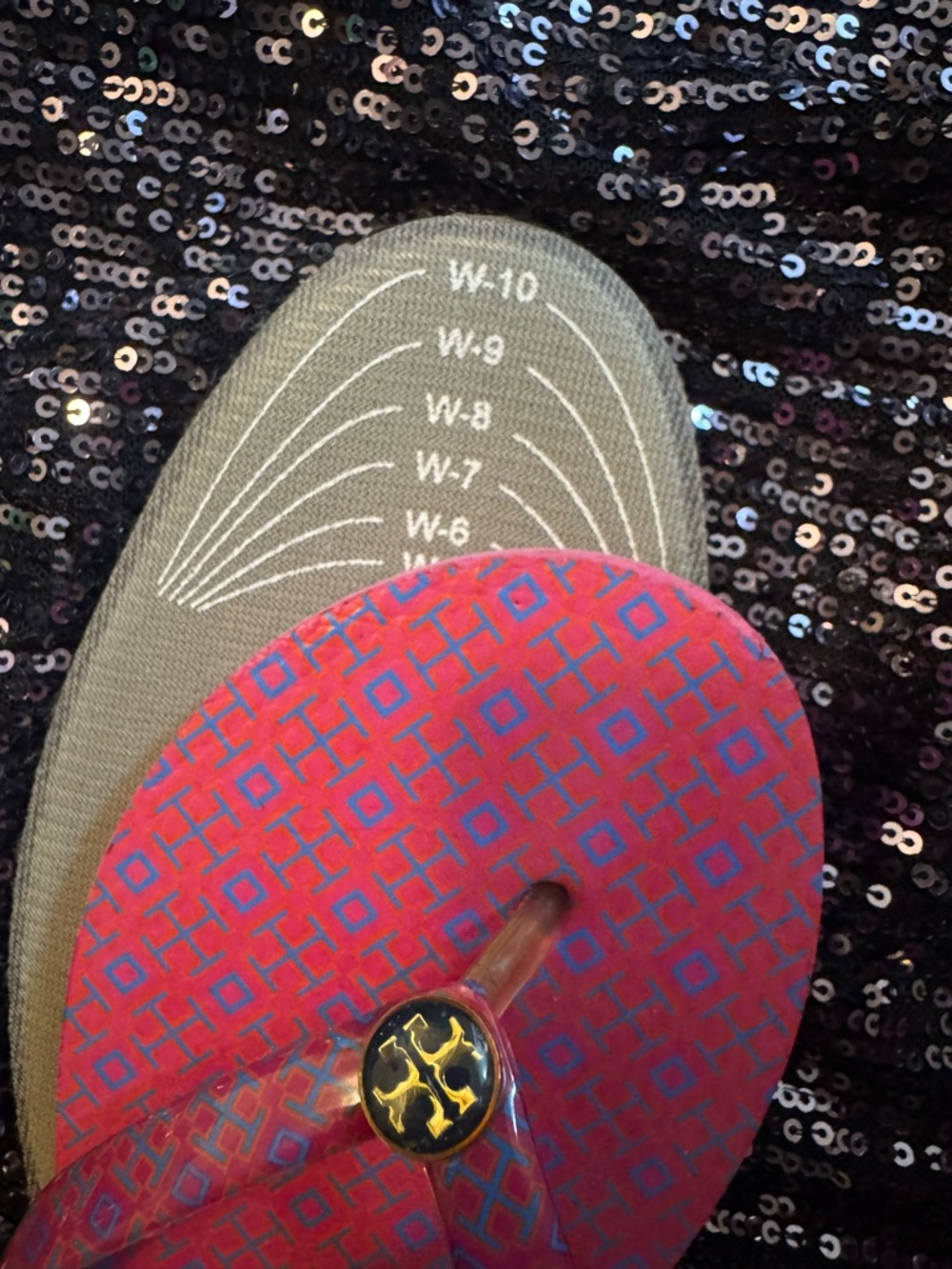 Tory Burch Pink and Blue Patterned Logo Flip Flops - Picture 12 of 14